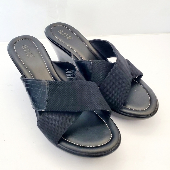 A.N.A Criss Cross Strap Black Open Toe Wedge Mule Sandals Size 9M - Picture 1 of 12